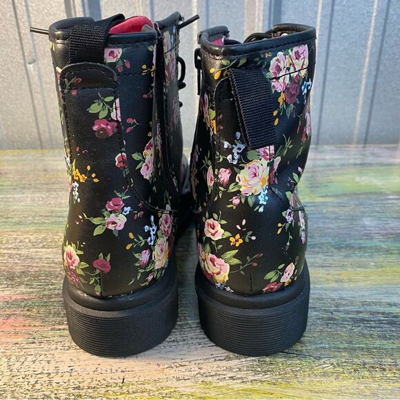 Cherokee Black and Pink Combat Boots with Floral Design - Picture 5 of 7